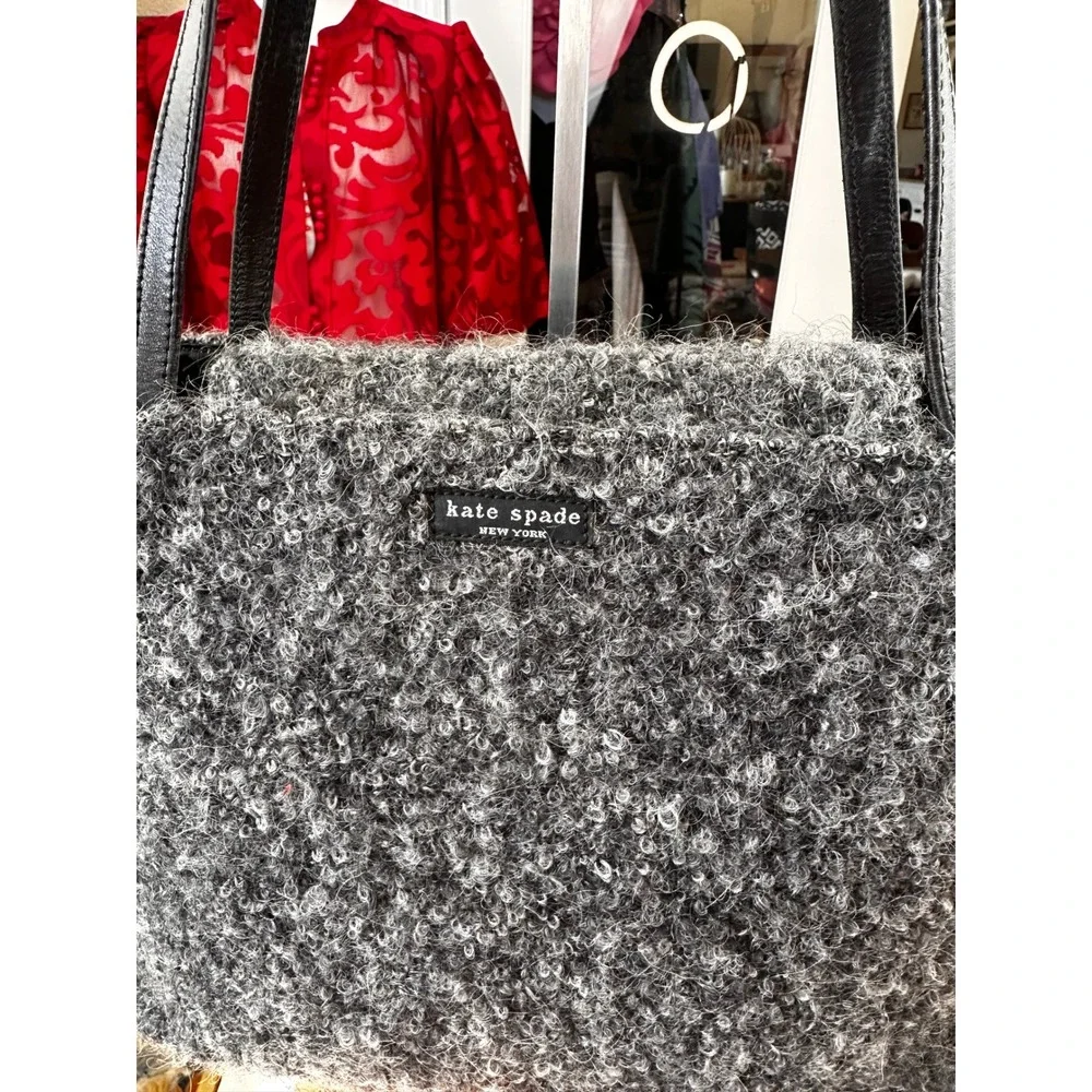 Kate Spade VTGE NewYork Textured Tote Bag Gray black Leather Straps Snap Closure